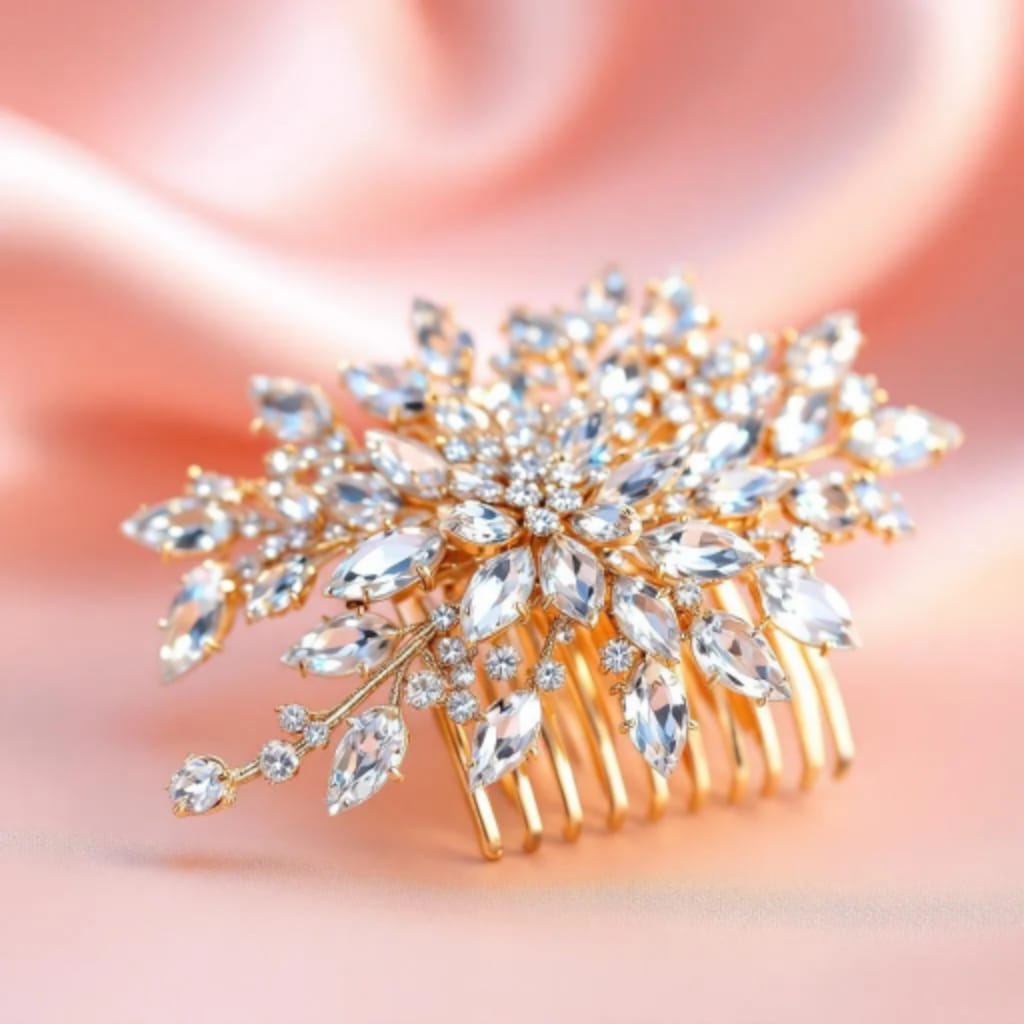 Luxury Crystal Flower Hair Comb | Wedding Bridal Hair Accessory | Elegant Gold Plated Hair Clip for Women & Girls